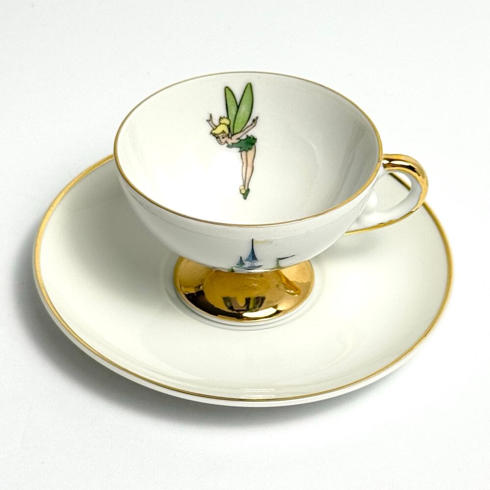 Vintage Disneyland Tinker Bell Teacup Saucer Gold Trim Footed Cup Disneyana Rare